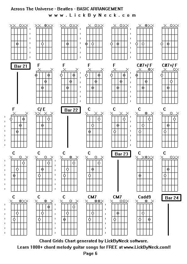 Chord Grids Chart of chord melody fingerstyle guitar song-Across The Universe - Beatles - BASIC ARRANGEMENT,generated by LickByNeck software.